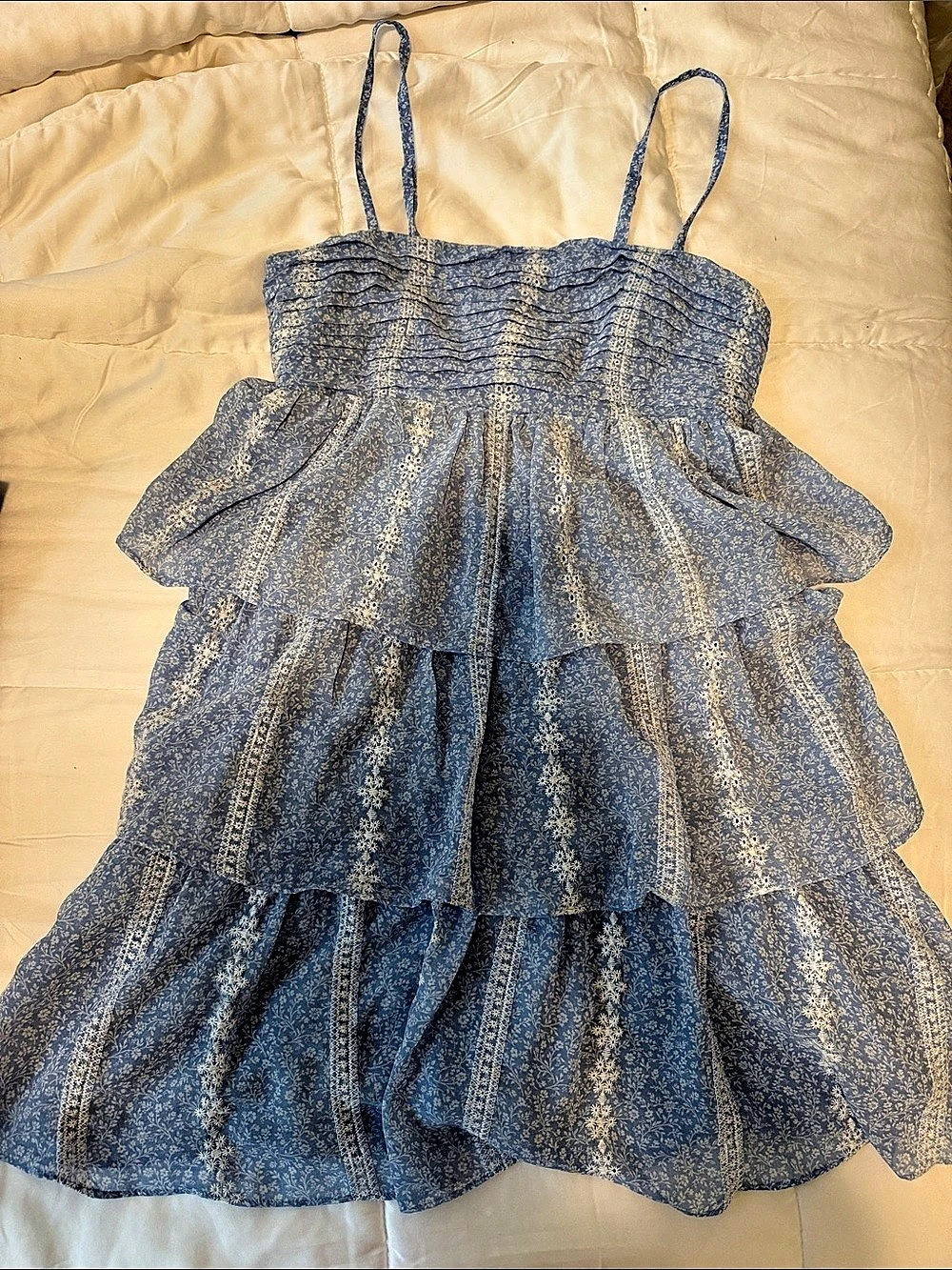 Altar’d Stare Blue & White Floral Tiered Mini Dress Like New